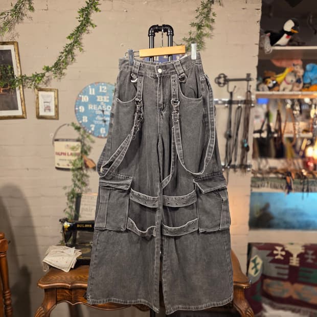 데님 스트랩 와이드 카고팬츠(F590)