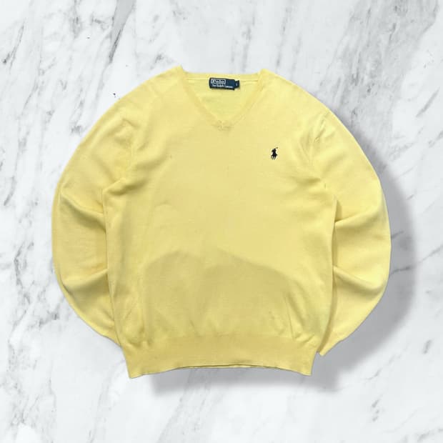 폴로 랄프로렌 옐로우 코튼 브이넥 니트