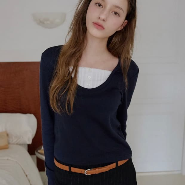 레터프롬문 메릿 레이어드 셔츠 티셔츠 네이비