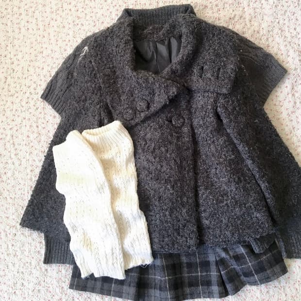 모리걸 갸루 데일리 빈티지 차콜 케이프숏 부클 자켓 코트