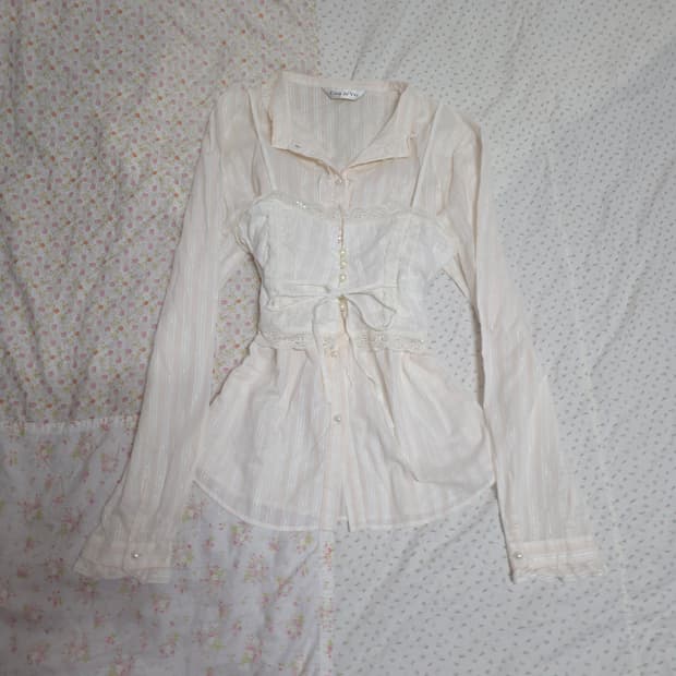 빈티지 핑크 실버 스트라이프 레이스 셔츠 슬립 세트 히메갸루 일브