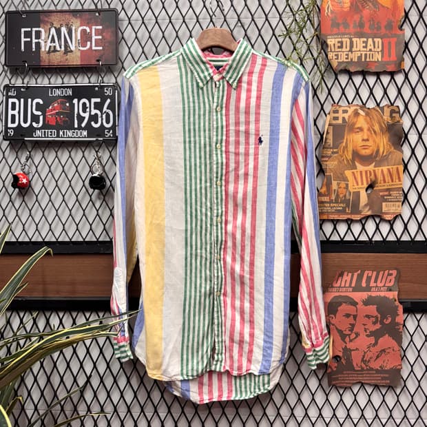 폴로 랄프로렌 멀티컬러 스트라이프 긴팔 셔츠 네이비 포니 로고 포인트