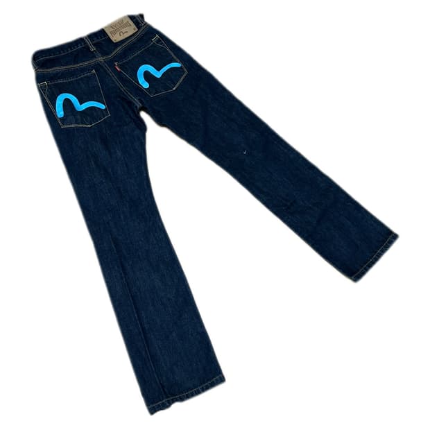 에비수 블루 프린팅 스트레이트핏 데님팬츠