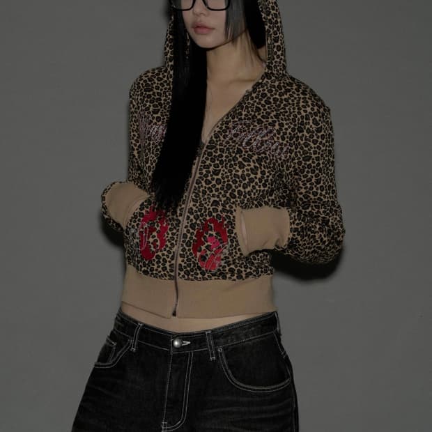 플리즈노팔로우 Leopard Crystal Hoodie Zip-Up 