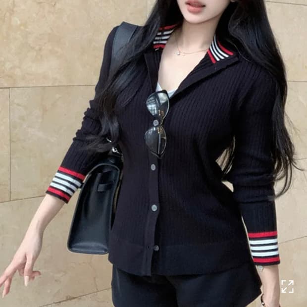 스트라이프 배색 니트가디건