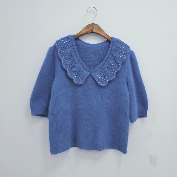 베이비블루  앙고라 빅카라 진주 반팔니트