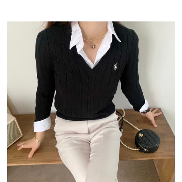 여성 폴로랄프로렌 케이블코튼 브이넥니트