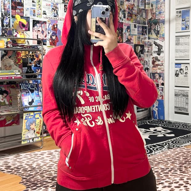 키치 프린팅 자수 하이넥 후드집업