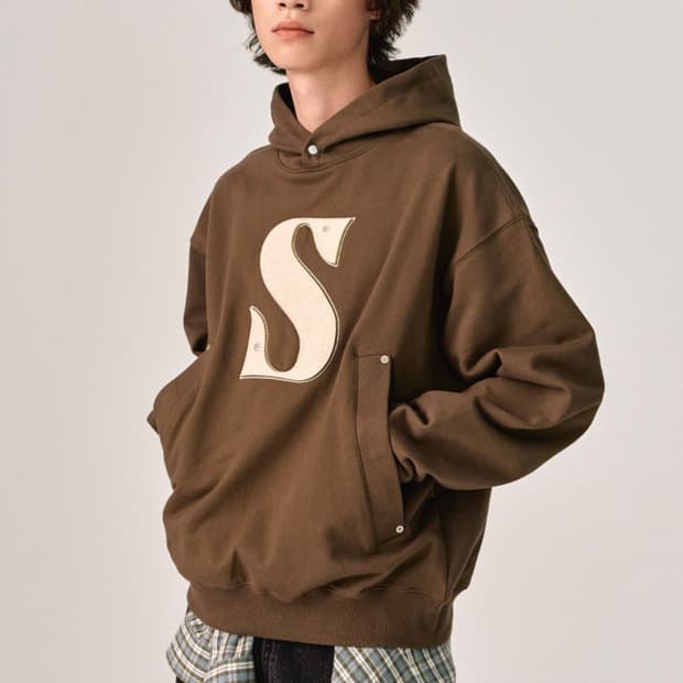 세터 리벳 아플리케 포켓 로고 후드 브라운슈가 후드티 M 