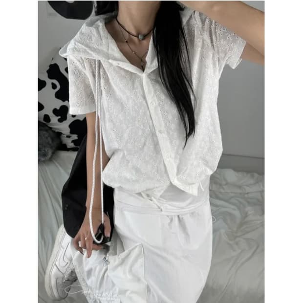 키미스 후드 펀칭 레이스 플라워 아일렛 빈티지 셔츠 가디건 화이트