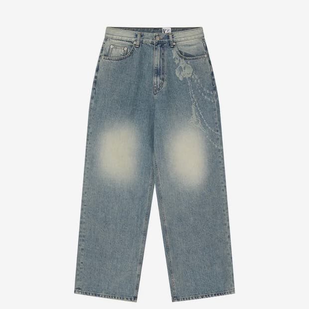 카시코 Chain Wide Denim Pants Light Blue