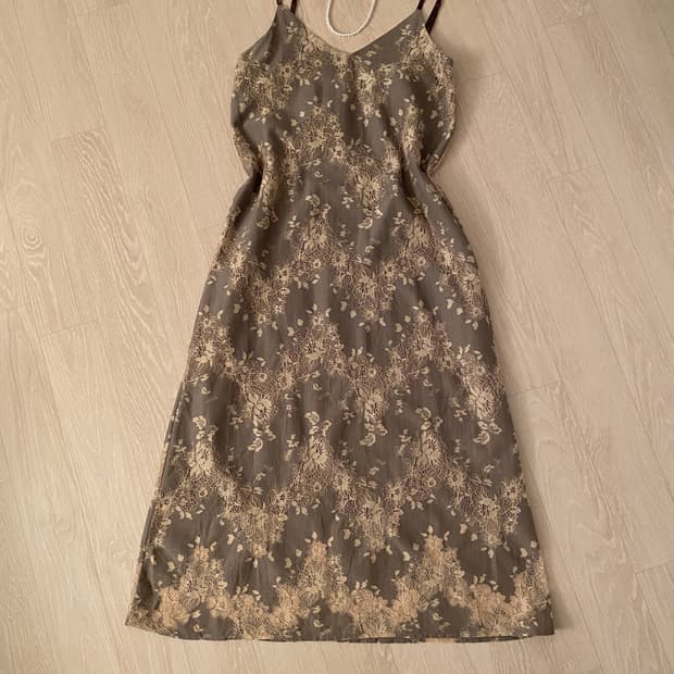 Brown Floral Lace Slip Long Dress
