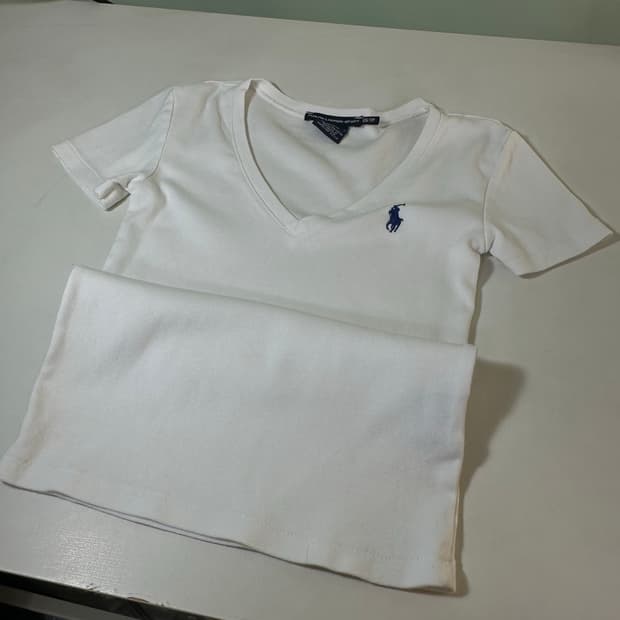우먼XS 폴로 랄프로렌 화이트 포니로고 딥브이넥 반팔티