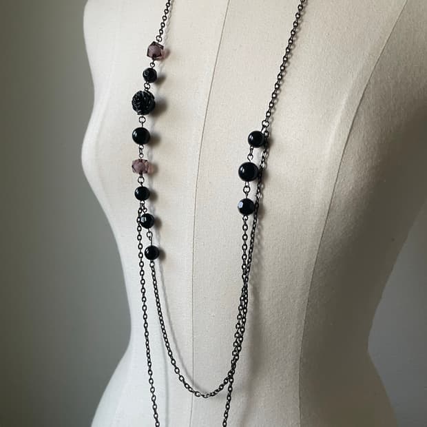 Layered Black Purple Rose Long Necklace