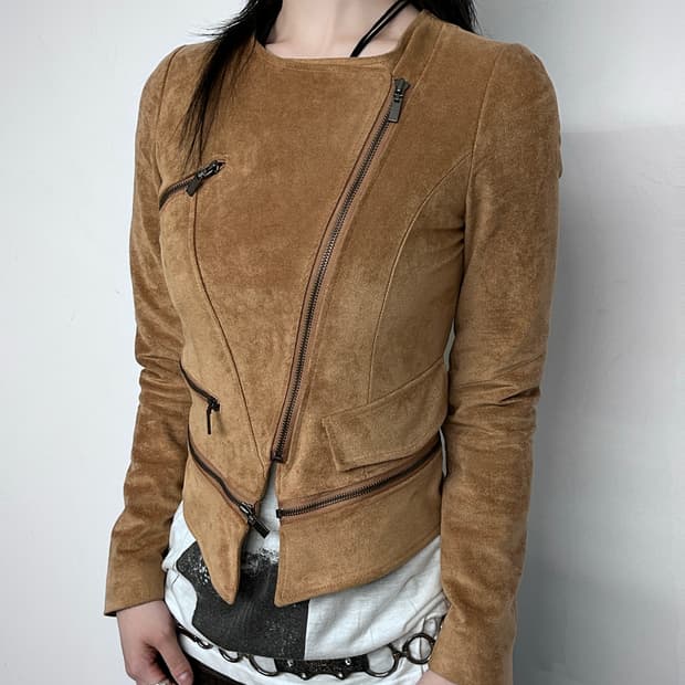 Suede Texture Asymmetric Zip-Up Jacket