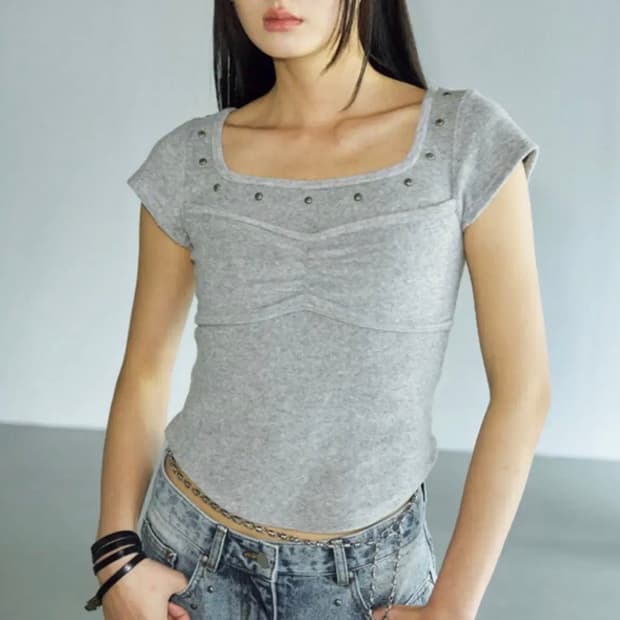 헬레네파리스 테리 레이어드 셔링 스터드 하프 티
