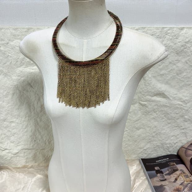 빈티지 에스닉  보헤미안 토템 컬러 잉크  스플래시 디자인태슬 초커 목인