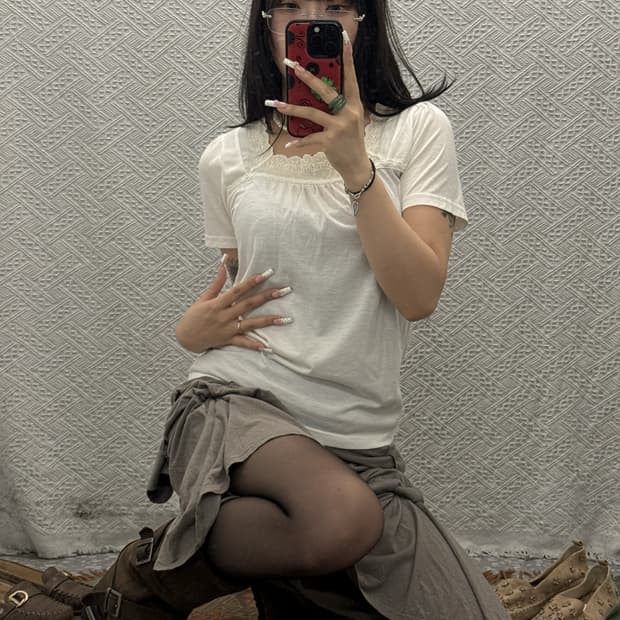 빈티지 재팬 모리걸 셔링 레이스코어 슬림핏 반팔티 K0512