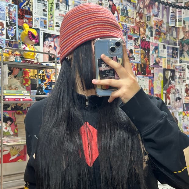 JPN 핑크 레드 스트라이프 울 벙거지 비니