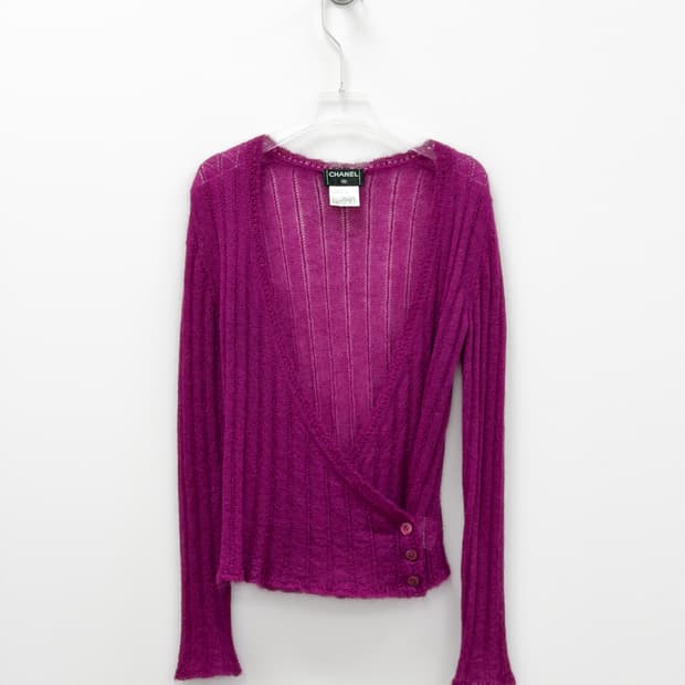 샤넬 마젠타 핑크 모헤어 블렌드 랩 가디건