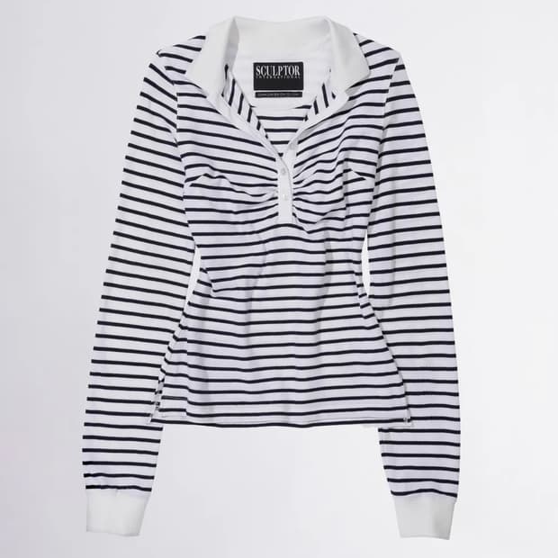 Shirring Tennis Shirt White/Navy Stripe