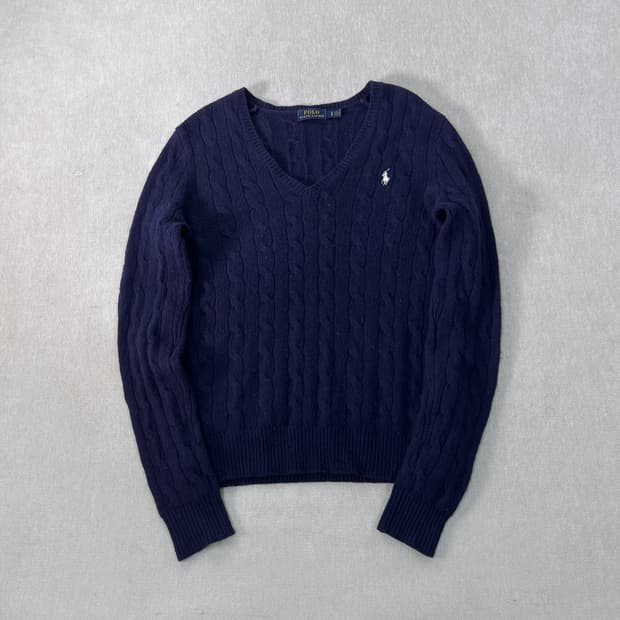 W 95 폴로랄프로렌 캐시미어 울 꽈배기 브이넥 니트