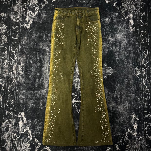 Beads Detail Olive Wash Flare Denim