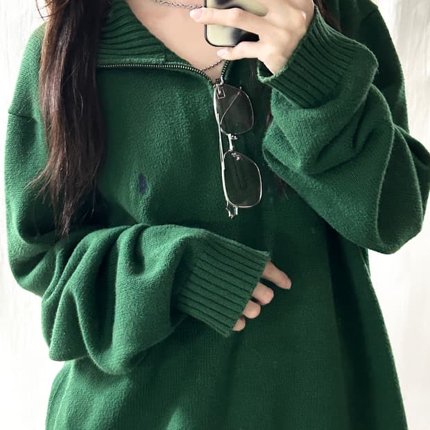 폴로 네이비포니 딥그린 반집업 니트