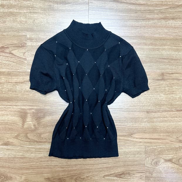 빈티지 블랙 아가일 진주 티셔츠 니트 히메갸루 로걀 라떼 모리걸 달천깔