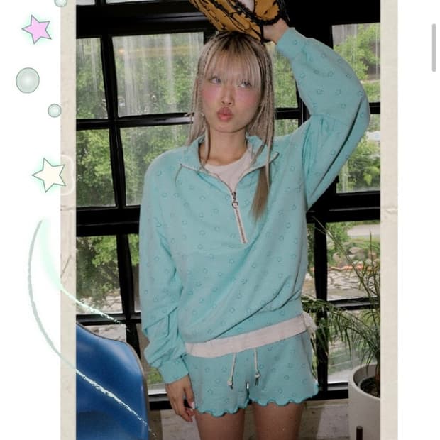 민지에나 스마일 민트 하프 집업 여름용 스웻셔츠 셋업 상의