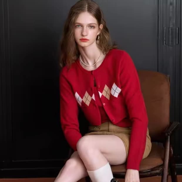 다이아몬드 패턴 레드 나시 가디건 세트