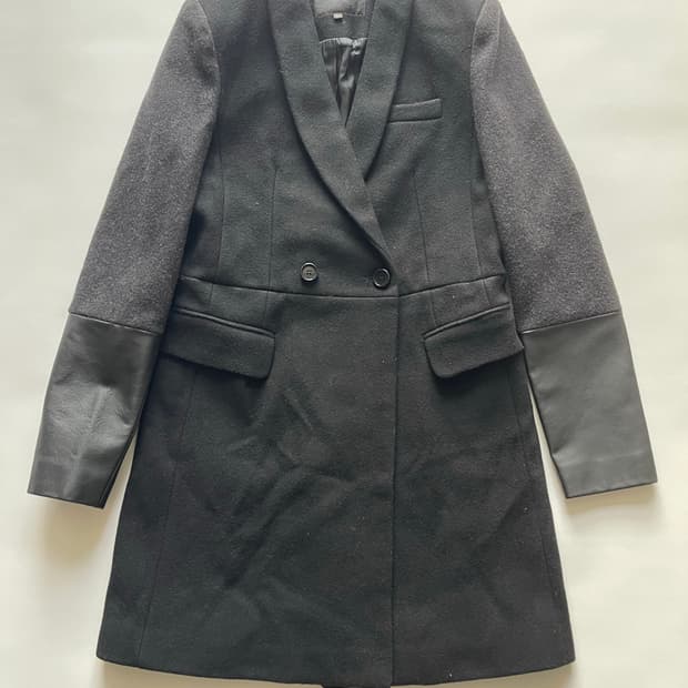 마쥬 블랙 울 코트 가죽 소매 38