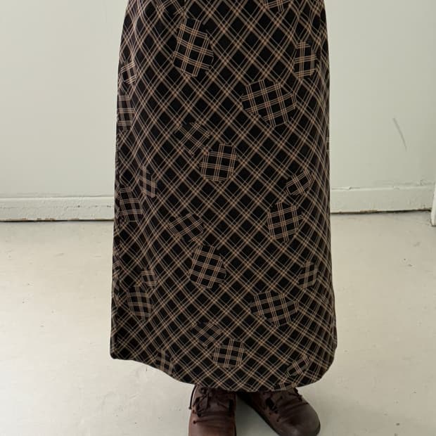 일본빈티지 패치워크 브라운체크 롱스커트