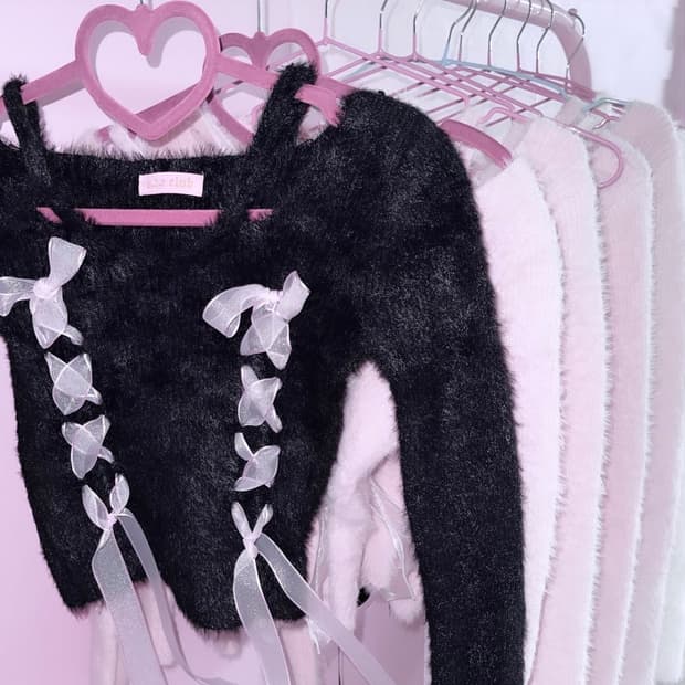 STC빈티지 발레리나니트 발레코어 히메갸루 엣티시 리본 아일렛니트 옾숄