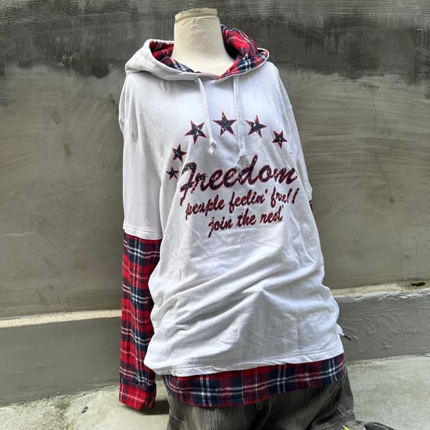 00s VTG 체크 레이어드 스타 프린팅 후드티