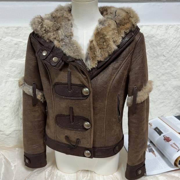 빈티지 Y2K토끼털칼라 스웨이드 가죽자켓