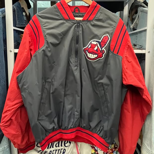 90s 마제스틱 클리블랜드 인디언스 바람막이 점퍼 레드/그레이