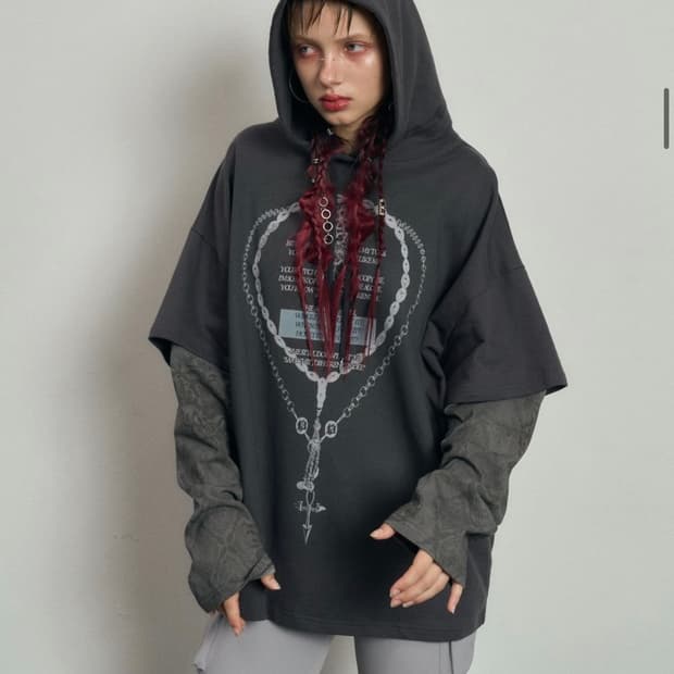 배디 Necklace Layered Hoodie Charcoal
