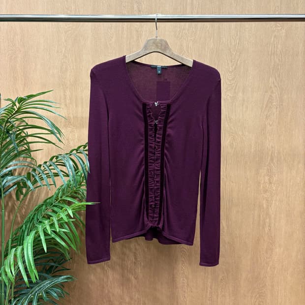 휴고 보스 니트 가디건 러플 벨벳 트리밍 클래식 훅 버클 디테일 버건디