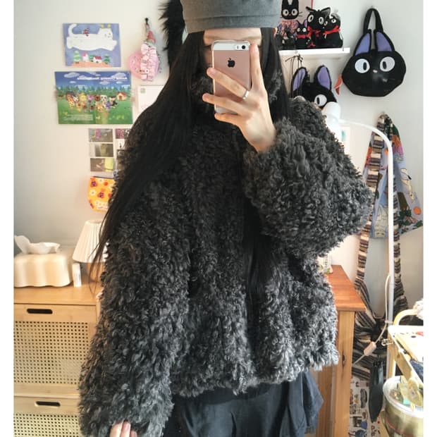 vintage curly fur zip-up jacket charcoal