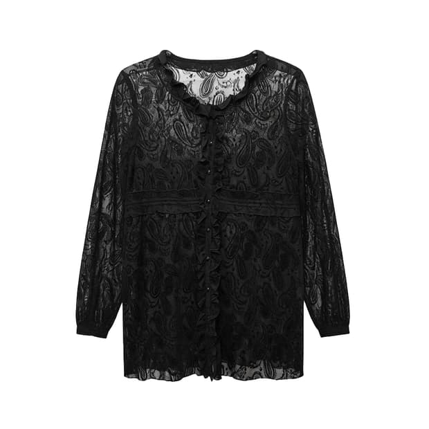 JPN VINTAGE 페이즐리 올오버 시스루 원피스 레이스 프릴 디테일