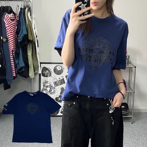 에드 하디 타이거 프린팅 네이비 반팔티