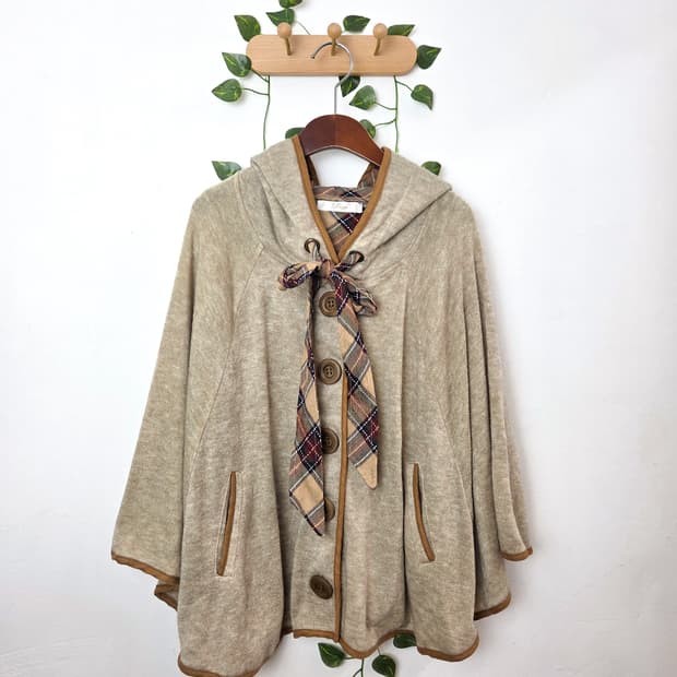 체크 리본 케이프 가디건