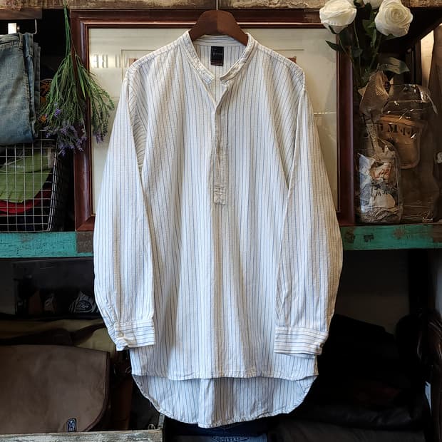 60s 프랑스 워크셔츠 가드너 빈티지 셔츠 스트라이프 화이트 롱 셔츠 L