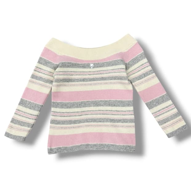 꾸레쥬 솜사탕 스트라이프 울 캐시미어 혼방 오프숄더 니트