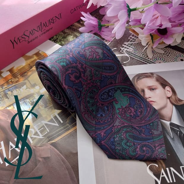 입생로랑 네이비 & 퍼플 페이즐리 넥타이 7.8cm A등급 K2595
