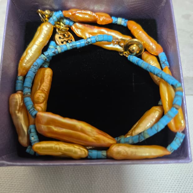 미국 빈티지 피치 바로크 진주 목걸이 & 팔찌 세트