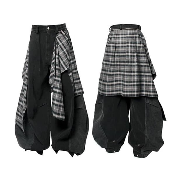 kuas 콰스 체크 커튼 데님 와이드 팬츠 