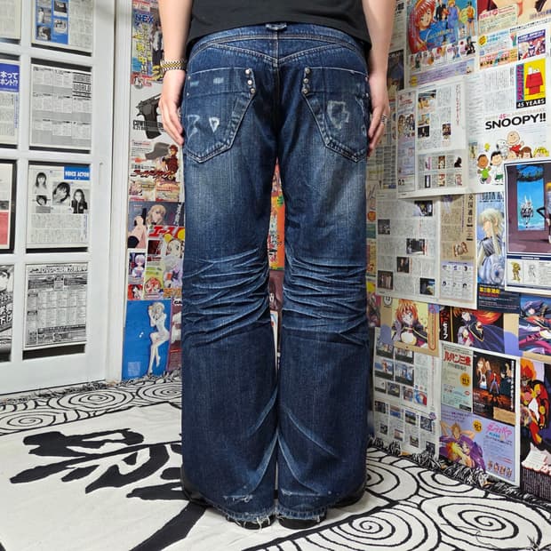 빈티지 진청 리벳 스터드 워싱 데님 팬츠