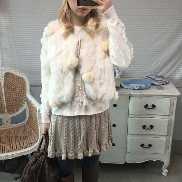 ivory rabbit fur pompom vest cardigan